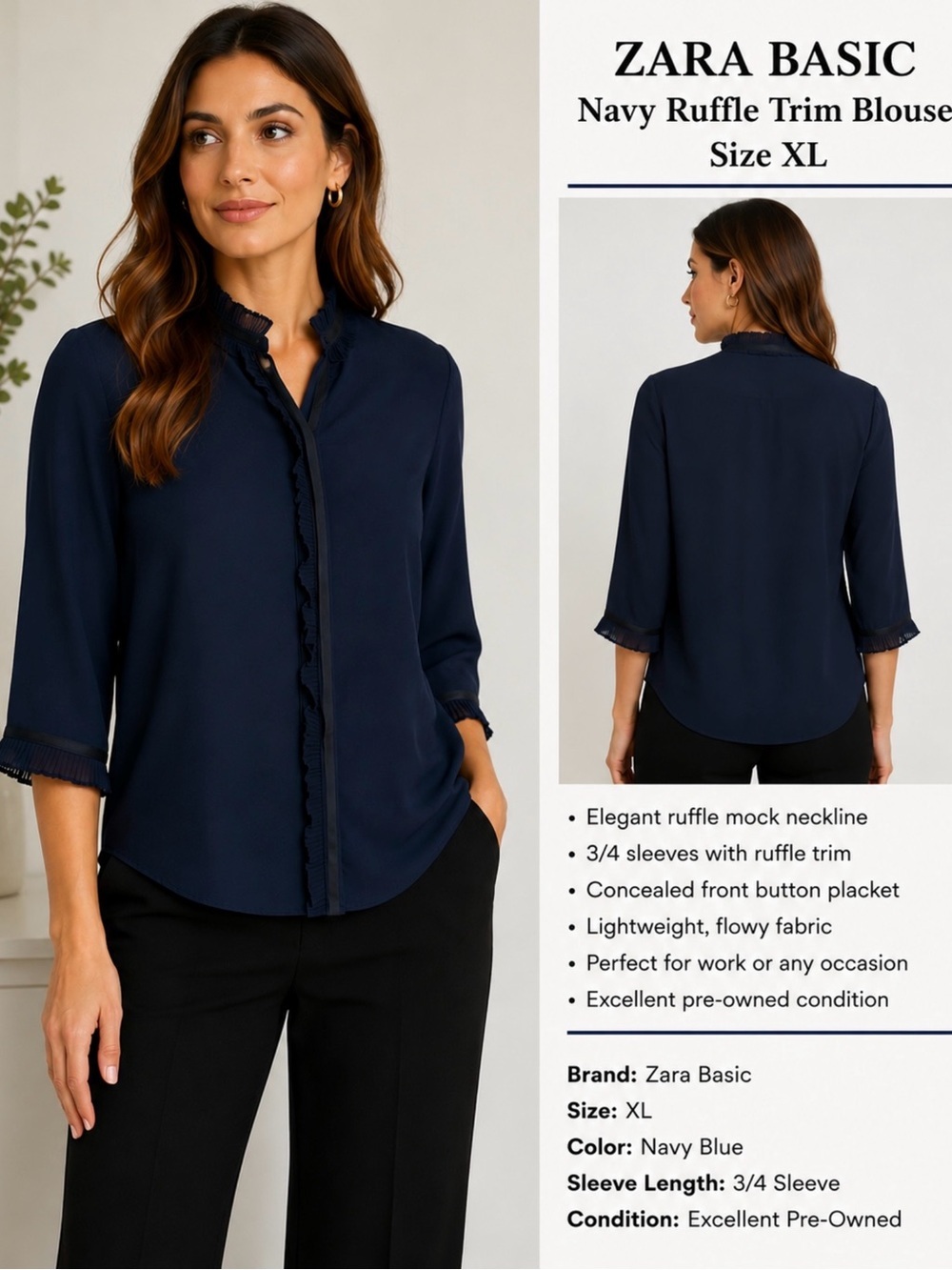 Zara Basic Navy Ruffle Trim Blouse Size XL
